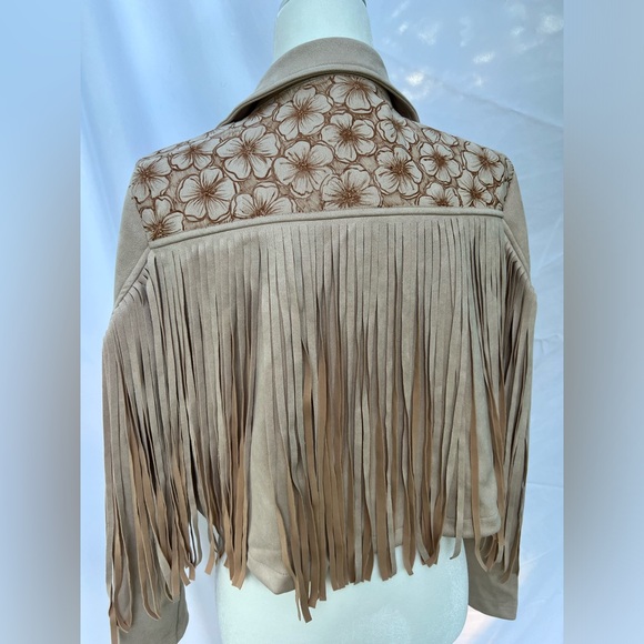 Faux Suede Fringe Jacket with hand burned flowers - Picture 5 of 5